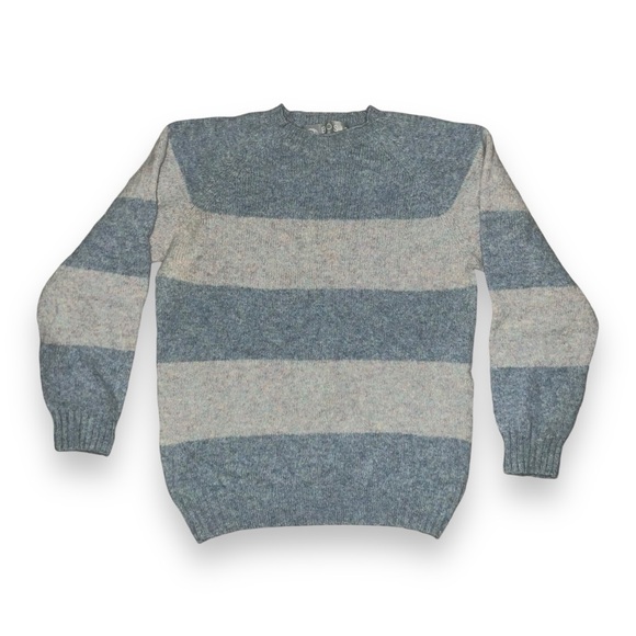 Bosie Pure New Wool Stripe Jumper Luxury Scottish Knitwear Size M Blue Grey - Picture 2 of 6